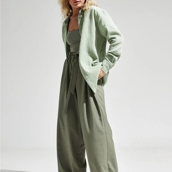 Textured Collared Neck Long Sleeve Shirt light green - Picture 1 of 15